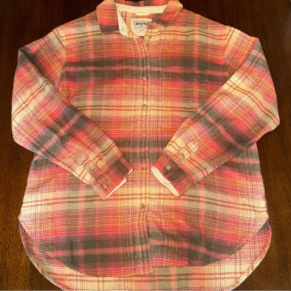 American Eagle Plaid Cotton Flannel Button Down Long Sleeve Size XS Orange Brown